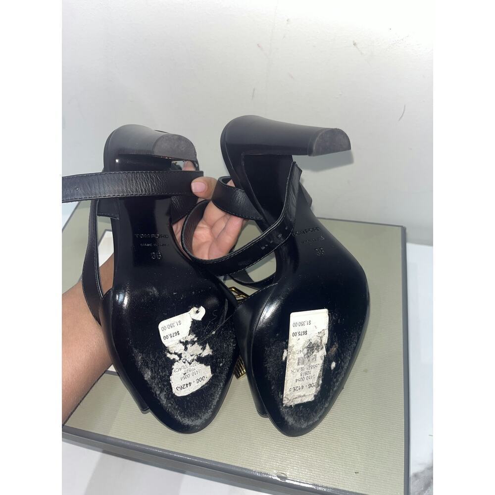 Tom Ford Black Leather Sandal Heels with Gold Padlock - Size 36 - Picture 4 of 4